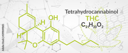 Tetrahydrocannabinol or THC molecular structural chemical formula. Futuristic science backdrop. Pharmacology concept