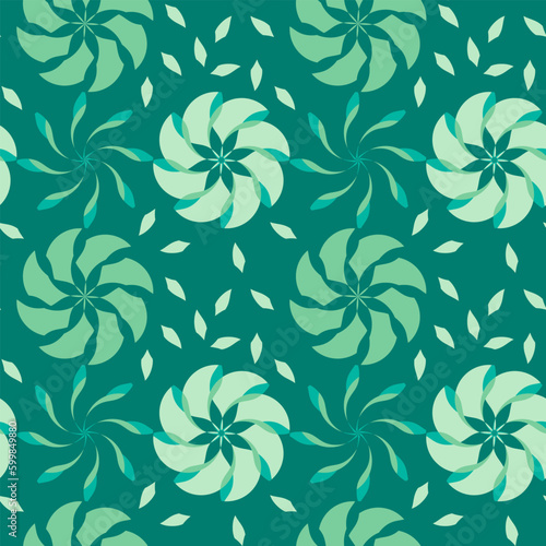 green seamless pattern with feometrical abstract flowers