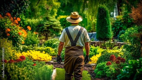 Male gardener caring for plants in the garde. Generative AI © Александр Марченко