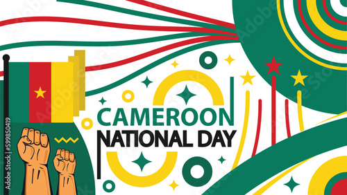 Cameroon National Day vector banner design with geometric retro shapes  Cameroon flag colors and typography. Cameroon National Day modern retro poster background illustration. 20 May holiday