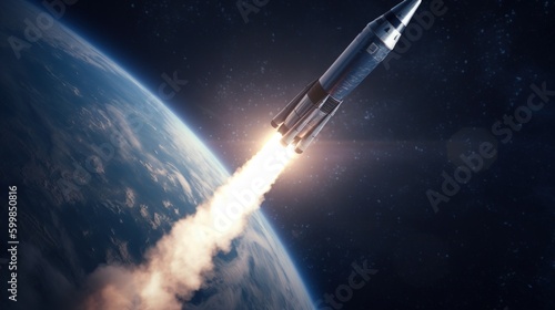 A rocket soars from Earth into space, science concept. Generative AI