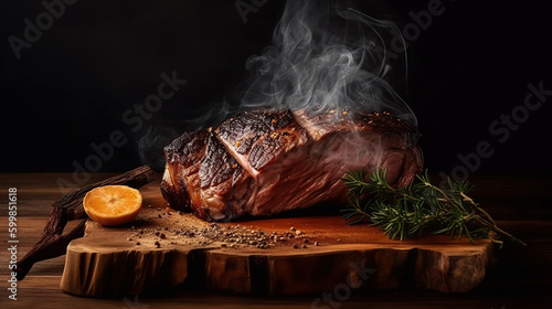 Fresh juicy delicious steak with spices and herbs on a dark background, ai illustration 