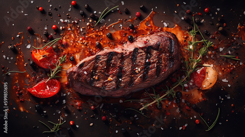 Juicy steak with black  pepper, rosemary and spices, view from the top, ai illustration  
