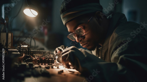 Male technician repairing electronic circuit board with soldering iron. Generative AI