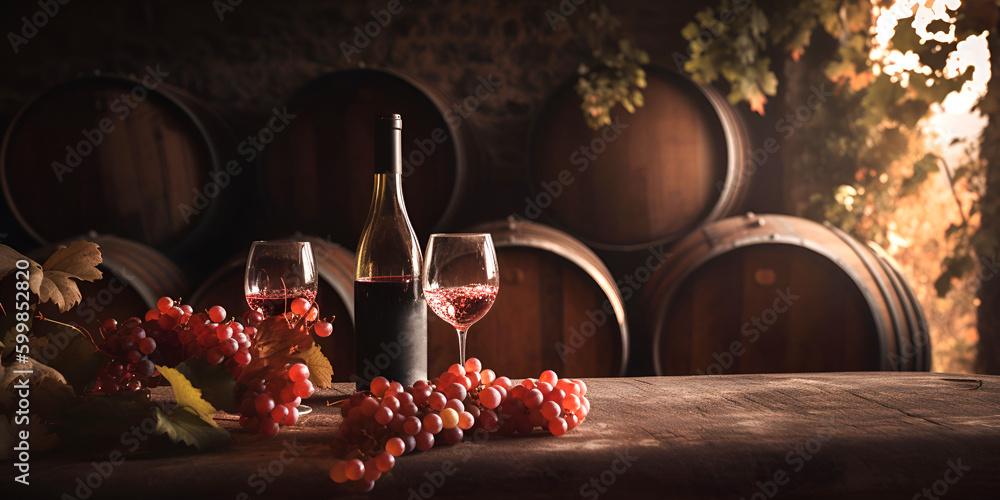 Bottle and glasses of red wine and grapes on the wooden table on background of wooden oak barrels n cellar of winery. AI generated - obrazy, fototapety, plakaty 