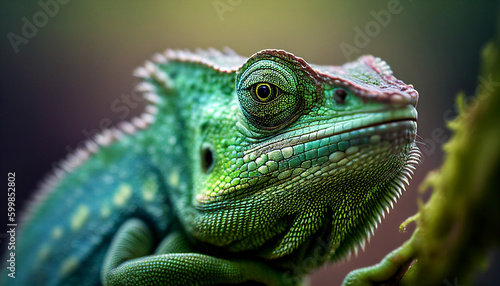 Green colored chameleon close up. Generative AI © mfz