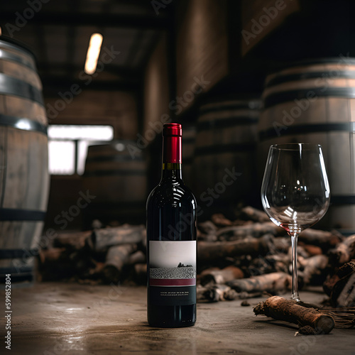 Bottle of red wine and empty wineglass on background of wooden oak barrels in cellar of winery, vault. AI generated