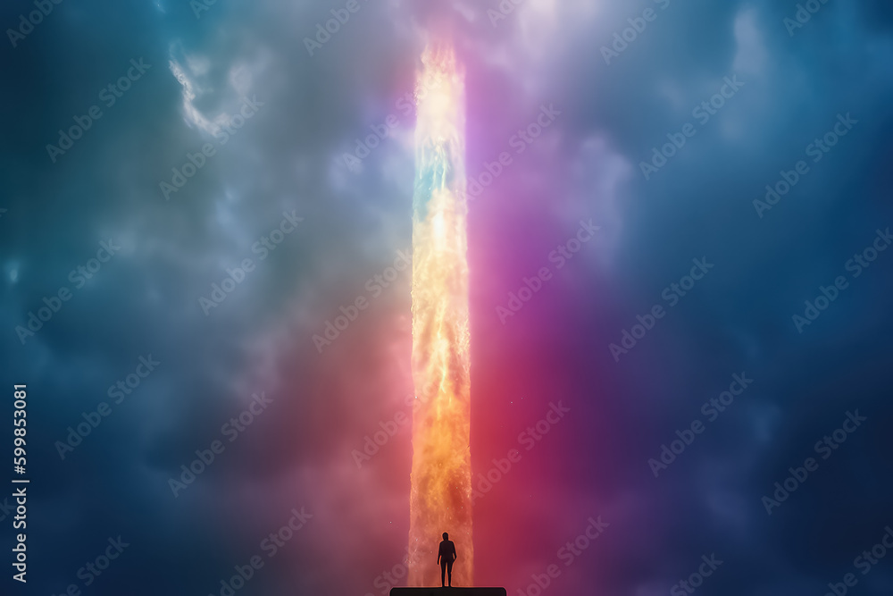 Fototapeta premium man standing in front of the huge rainbow portal gate, AI