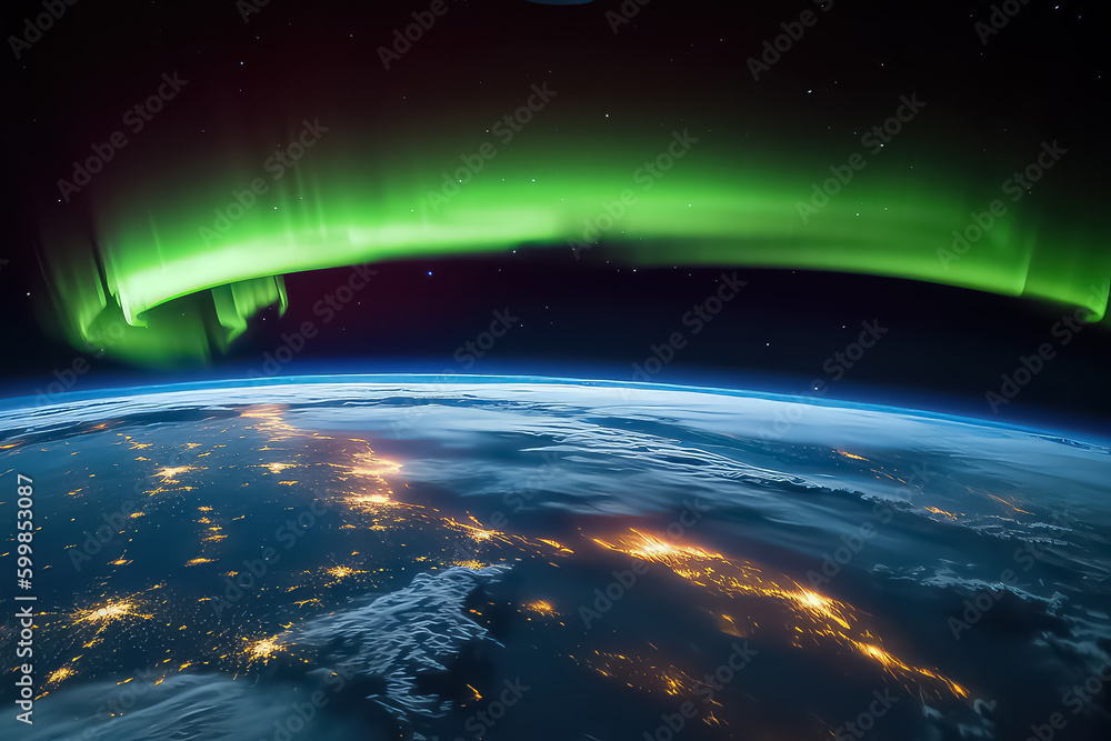 Fototapeta premium Northern lights on planet Earth. Starry sky with polar lights, Aurora borealis. AI