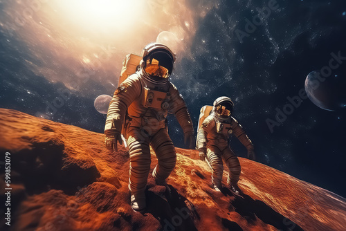 astronauts wearing space suit walking on a surface of a red planet Mars. Mars colonization concept  AI