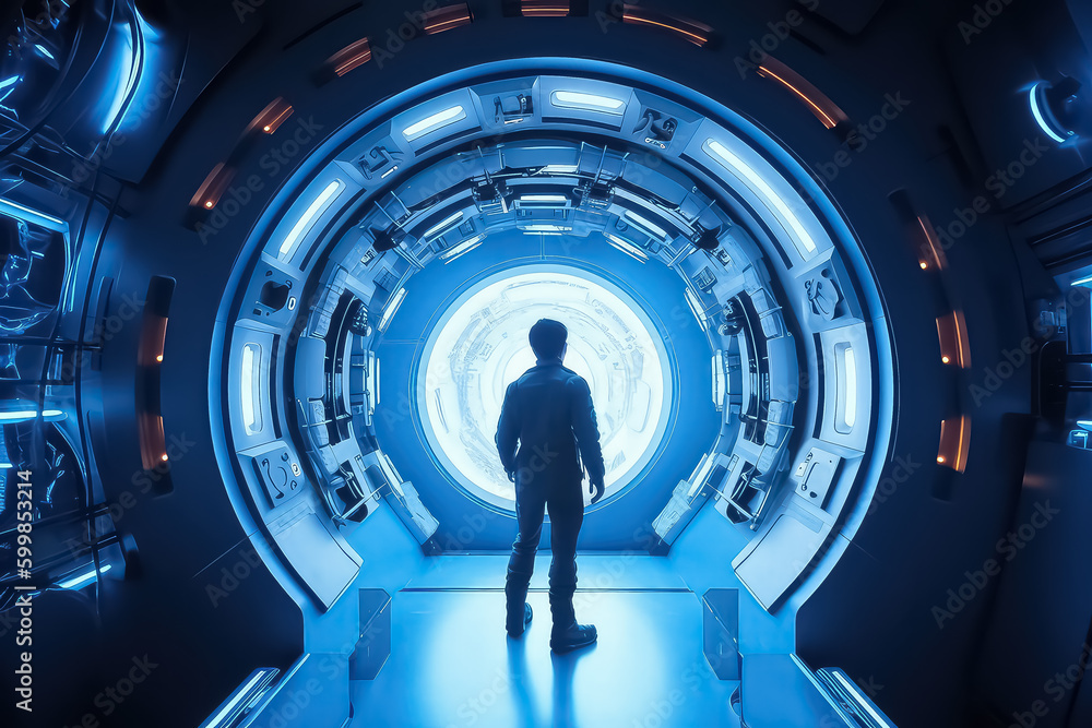 Astronaut standing in front of an mysterious open door portal to another world. AI