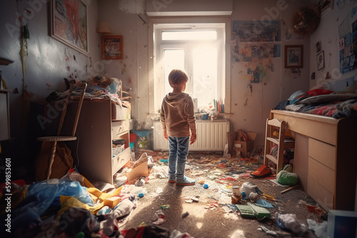 Indoor a child standing in a very messy room, scattered belongings,  furniture disorganized, ai generative photo
