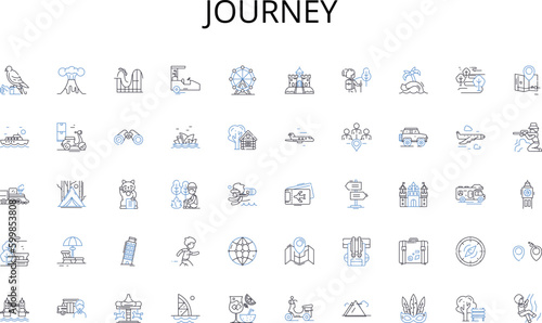 Journey line icons collection. Strategy, Leadership, Goals, Sales, Revenue, Targets, Teamwork vector and linear illustration. Motivation,Performance,Negotiation outline signs set