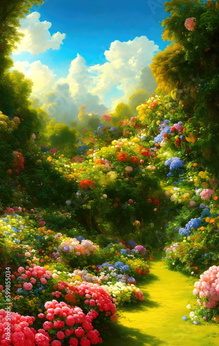 Paradise garden full of flowers, beautiful idyllic background with many flowers in Eden. Generative Ai.