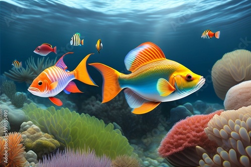 Colorful tropical fish swimming in ocean AI generated. 