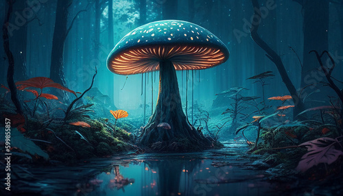 Magic mushroom in the forest. Generative AI