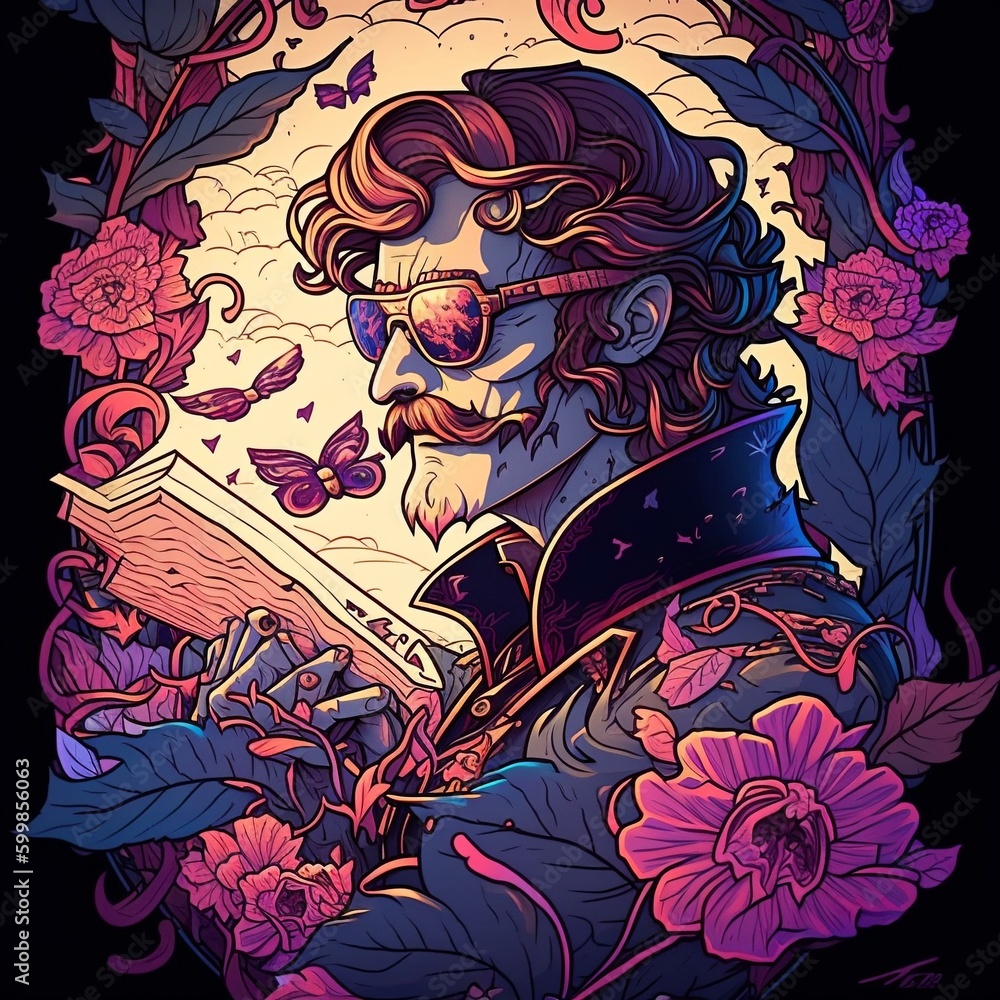 retrowave paper with intricate designs,tarot card ,a mustache man sunglasses. full of golden layers, flowers, cloud, vines, mushrooms, swirles, curves, wave,by Hokusai and Mike Mignola