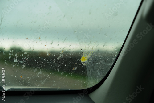 Windshield of car with smeared flying insects. Car trip on highway. Problem, Poor visibility on the road.