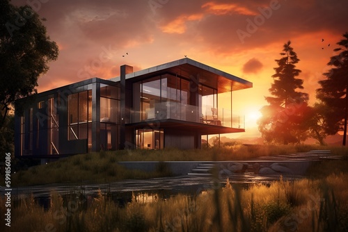 Modern house at sunset 