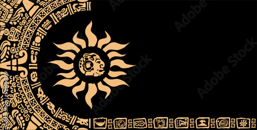 The image of the sun, calendar signs and letters of the alphabet of ancient Mayan civilizations