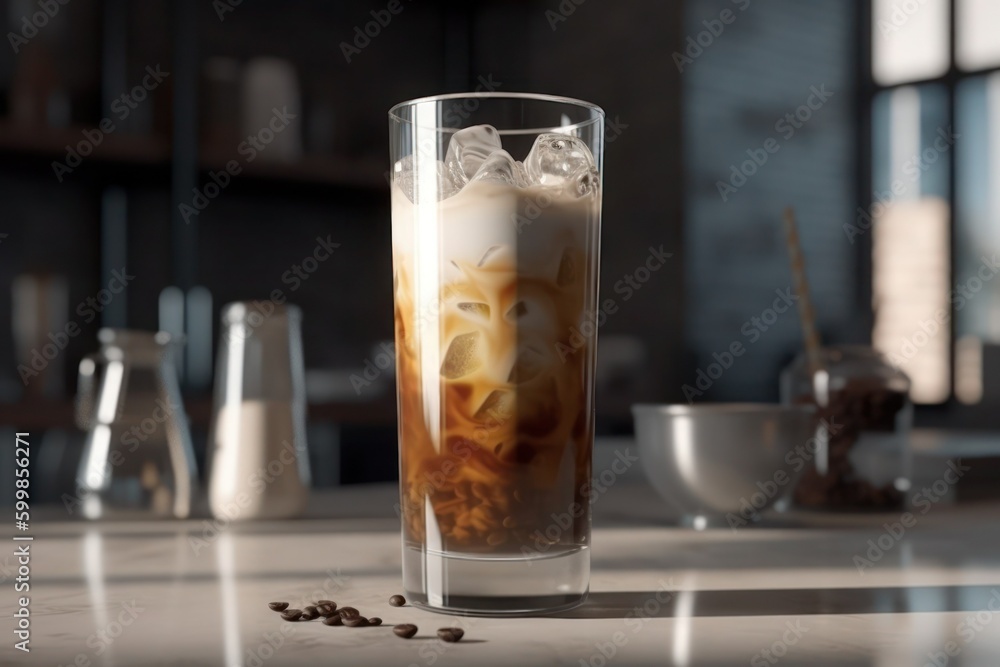 Iced coffee in tall glass, generative ai Iced coffee in tall glass, generative ai