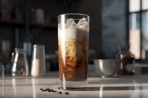 Iced coffee in tall glass, generative ai