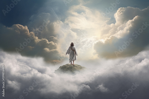 Culture and religion concept. Jesus Christ walking on clouds. Dramatic sunlight in background. Generative AI