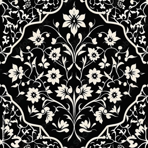 Seamless arabesque style floral pattern, flat color, black and white, high detail, borders, +repeating +flowers +leaves +8bit
