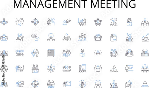 Management meeting line icons collection. Marketing, Advertising, Promotions, Salesmanship, Pitch, Discount, Campaign vector and linear illustration. Conversion,Commissions,Outreach outline signs set