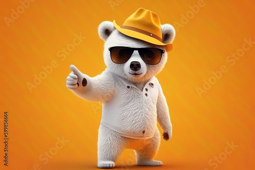 plush toy character a white bear in hat and sunglasses points with finger on yellow background. Generative AI illustration photo