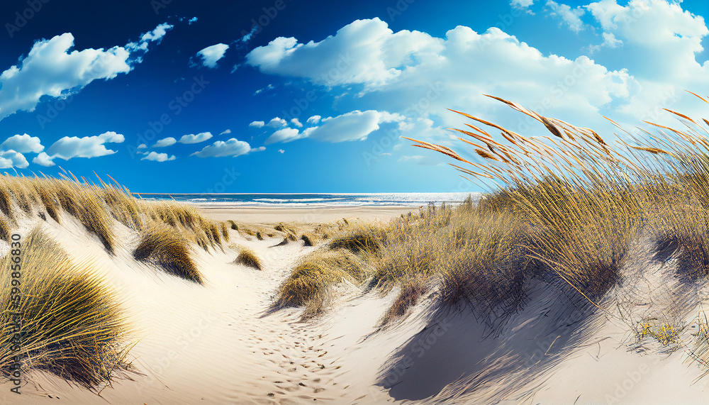 Sand dunes panorama with beach grass. Generative AI - obrazy, fototapety, plakaty 