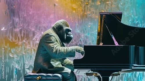 Giant gorilla playing the piano at a concert hall in pastel colored background. Surreal bizarre imaginative scenario. Colorful, vibrant, glossy room. Generative AI.