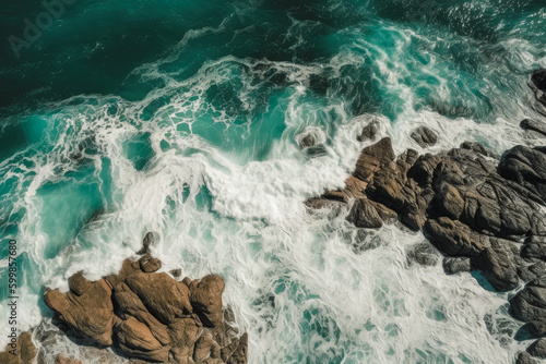 Aerial top view of ocean wave and rock in summer created with Generative AI technology