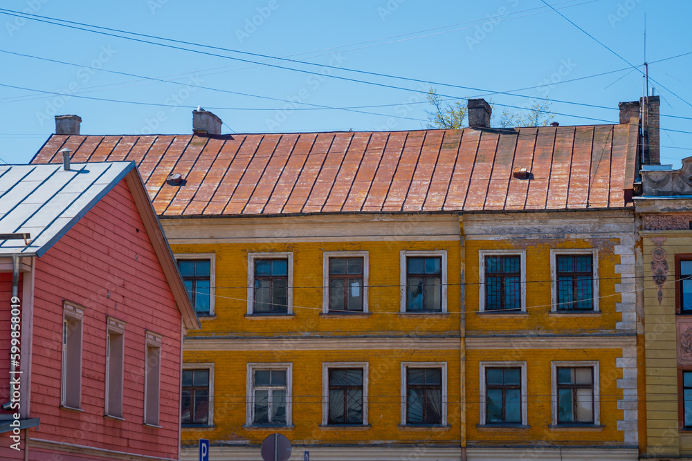 Rusty roof on colorful buildings in Europe