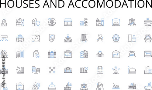 Houses and accomodation line icons collection. Retention, Satisfaction, Advocacy, Trust, Commitment, Loyalty, Rewards vector and linear illustration. Engagement,Dependability,Referrals outline signs