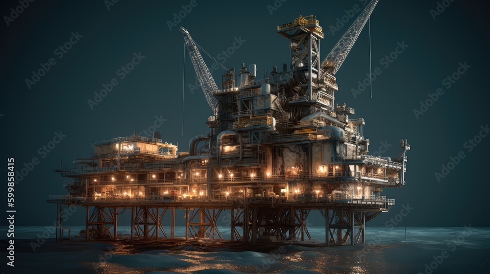 Equipment for the oil industry. Oilfield pump and oil refinery in the field in the evening. The concept of industry and production. Generative AI