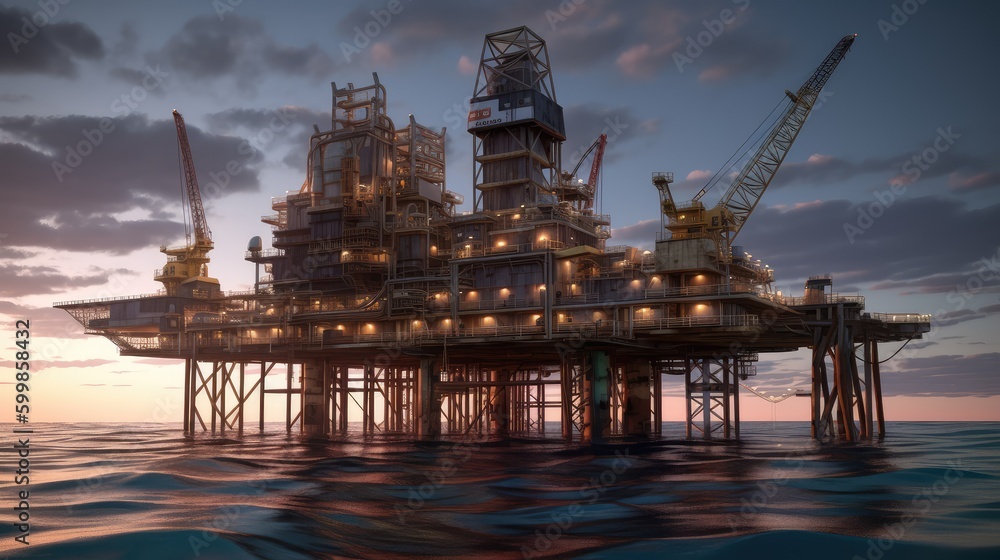 Oil field site, oil pumps are running. Oil pump. The oil pump, industrial equipment. Rocking machines for oil production. The concept of industry and production. Generative AI
