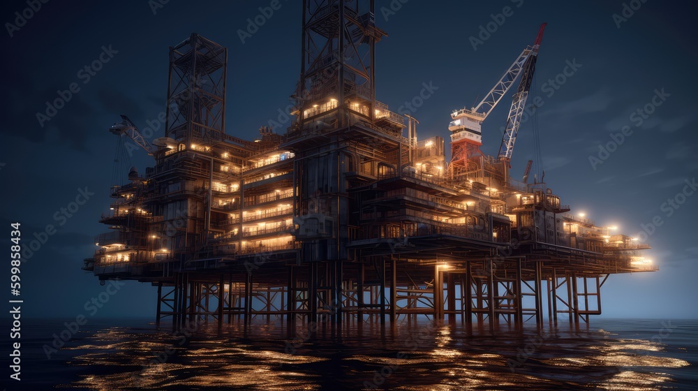 Equipment for the oil industry. Oilfield pump and oil refinery in the field in the evening. The concept of industry and production. Generative AI