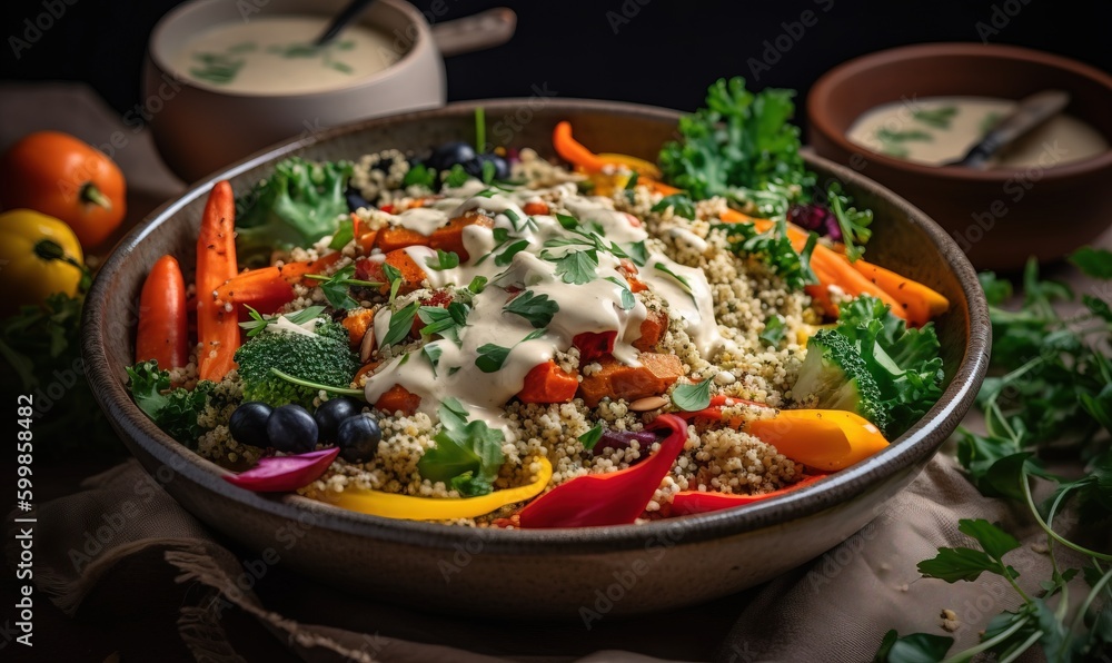 a bowl of food with vegetables, rice, and dressing. generative ai a bowl of food with vegetables, rice, and dressing. generative ai