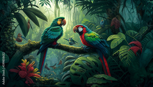 Wallpaper Mural tropical rainforest with parrots. Generative AI Torontodigital.ca