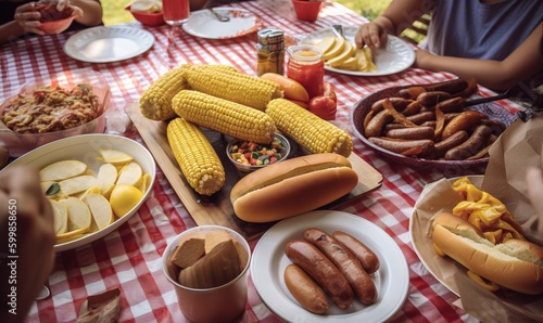  a picnic table with hotdogs, corn, potatoes, and corn on the cob. generative ai