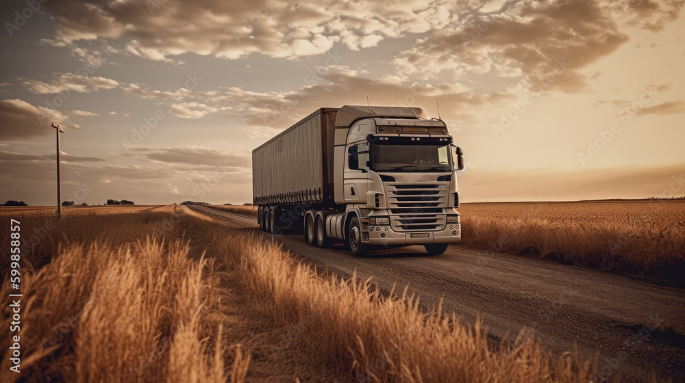 A cargo truck is driving along the highway against the backdrop of a landscape, evening. Cargo transportation concept. AI generated