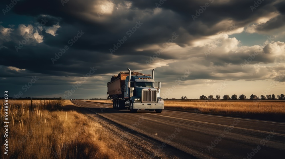 A cargo truck is driving on the highway against the backdrop of a landscape, a thundercloud in the sky. Cargo transportation concept. Generative AI