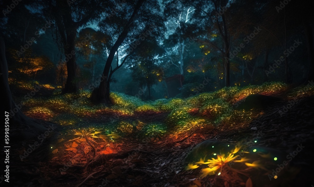 a painting of a forest with bright lights in the dark. generative ai a painting of a forest with bright lights in the dark. generative ai
