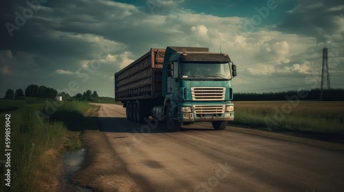 A cargo truck is driving along the highway against the backdrop of a landscape. Cargo transportation concept. AI generated