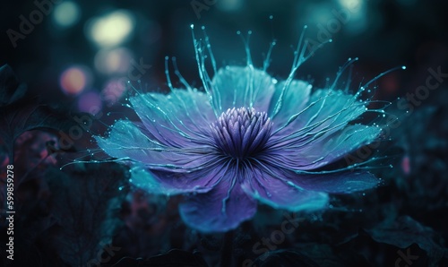  a blue flower with drops of water on it's petals. generative ai