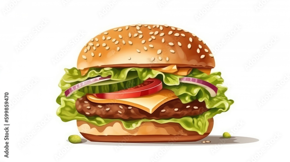 Delicious burger on a white background. Hamburger illustration. Fast food in a cafe. AI generated Delicious burger on a white background. Hamburger illustration. Fast food in a cafe. AI generated