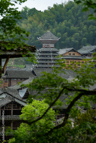 The drum tower in Dali Dong village in overcast weather. © imphilip