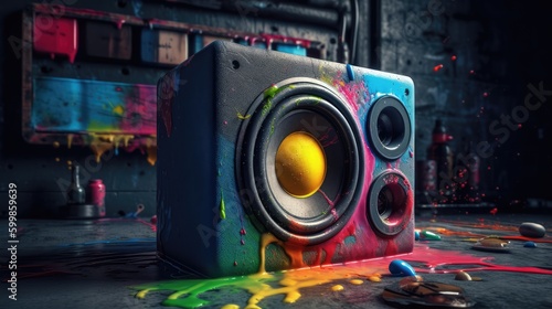 A speaker with a splash of colorful bright paint on the background of other speakers . Abstraction. AI generated