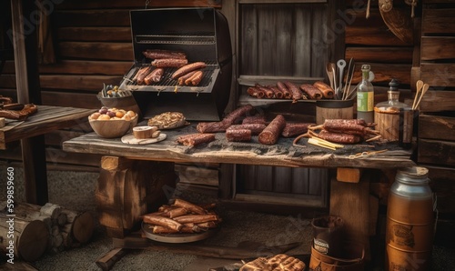  a wooden table topped with lots of sausages and other foods.  generative ai